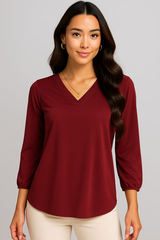 Adyra Women’s V-Neck 3/4 Sleeve Blouse – Elegant Relaxed Fit Tunic Top in Burgundy